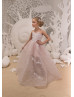 Beaded Blush Pink Lace Tulle Corset Back Flower Girl Dress Beaded Blush Pink Lace Tulle Corset Back Flower Girl Dress